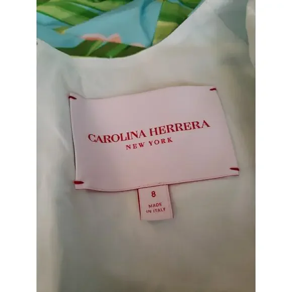 Carolina Herrera Blue Floral-Print Ruched Poplin Sleeve MIDI Dress Size 8 (V3 - Picture 5 of 9